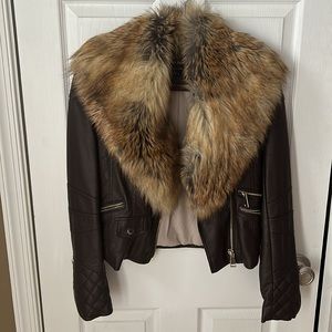Brown leather jacket with removable fur collar